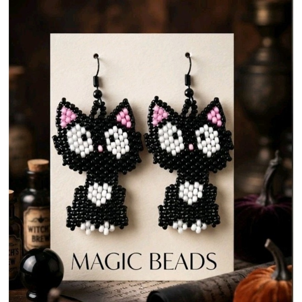 Cute Black Cat Seed Bead Earrings Handmade Kitten Drop Jewelry